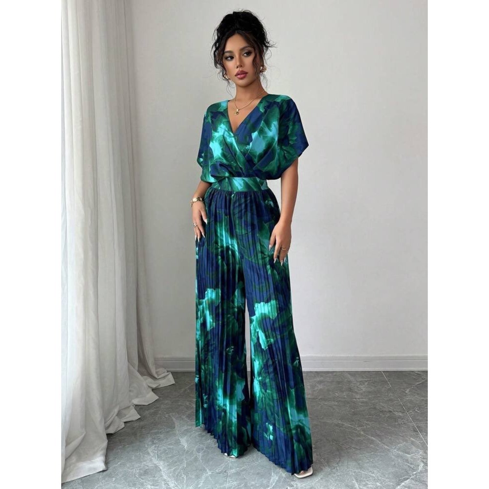 SHEIN Green Blue Floral Plisse Wide Leg Jumpsuit Large V-Neck Tie Back